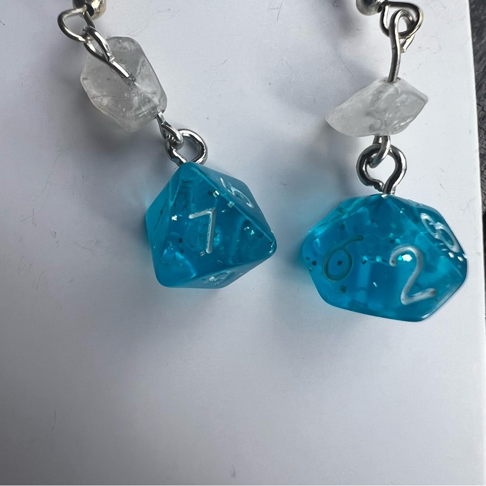 Light Blue 8 Sided DnD Dice Dangling Earrings - Picture 2 of 3